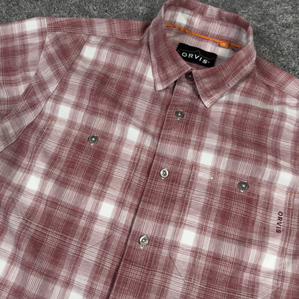 ORVIS Trout Bum Shirt Mens M Red Short Sleeve Performance Sunglass Cloth EUC